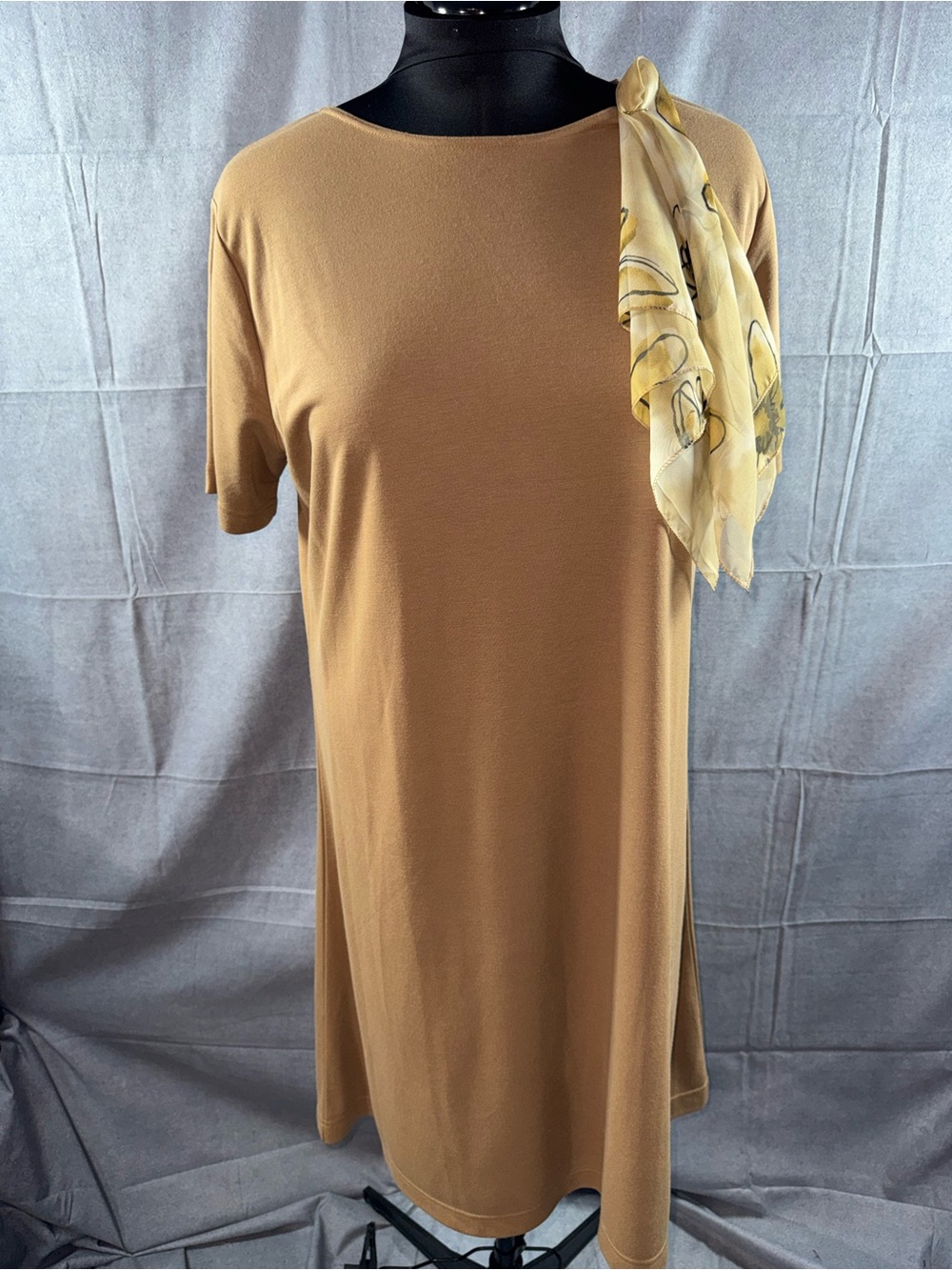 2811-Vicki Wayne Vintage Classic Camel Maxi Dress with Shoulder Scarf Accent